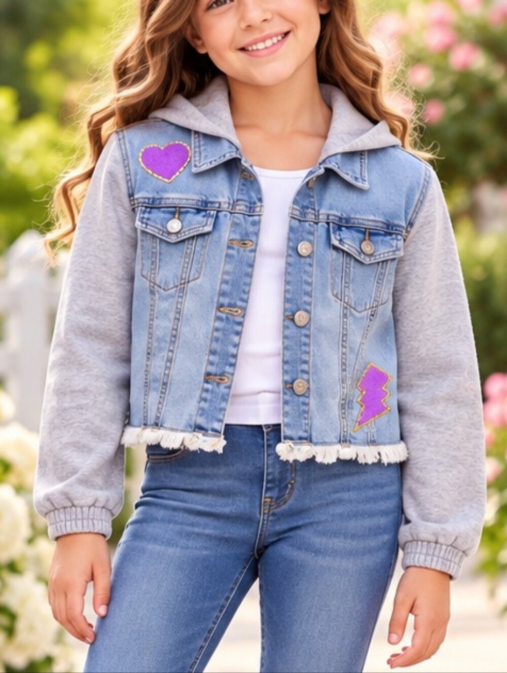 Cat & Jack Girls’ Light Wash Denim Jacket with Gray Hood – Size L (10/12) – NWT